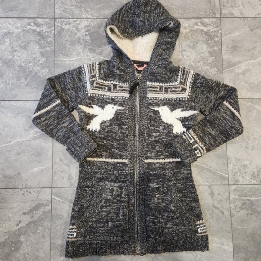 Triple Five Soul Cozy‎ Bird Print Long Knit Hoodie Cardigan Sweater Women S